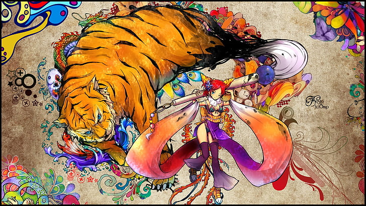 Snyp, anime, colorful, original characters, anime girls, tiger, HD wallpaper