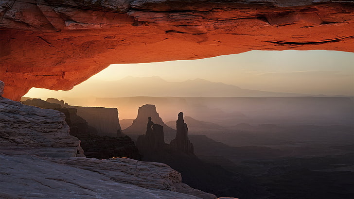 sunset, Utah, 4k, Mesa Arch, mountains, 5k, USA, beauty in nature, HD wallpaper