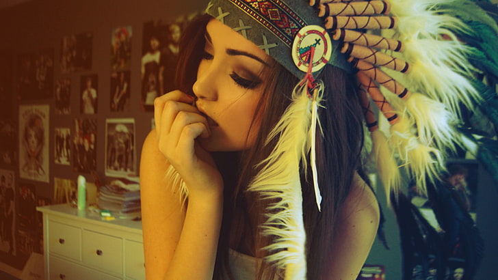 anime, brunette, Headdress, Melanie Iglesias, Native Americans, HD wallpaper