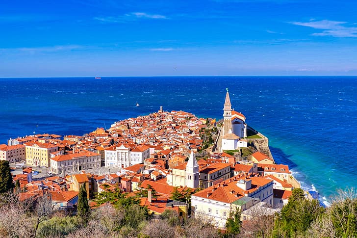 sea, building, home, panorama, Piran, Slovenia, The Adriatic sea, HD wallpaper