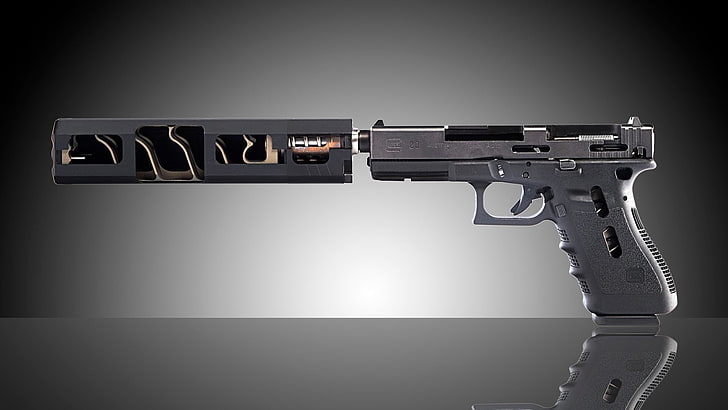 black semi-automatic pistol, gun, weapons, muffler, self-loading, HD wallpaper