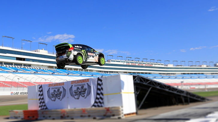 white and green boat with trailer, stunts, Ken Block, Ford Fiesta
