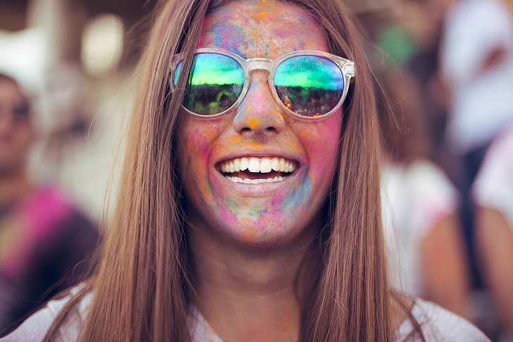 women, brunette, sunglasses, smiling, open mouth, face paint