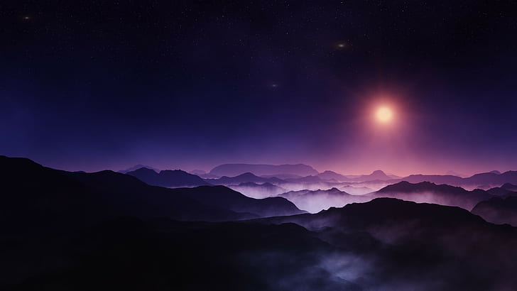 nature landscape midnight sun mountain starry night mist, sky, HD wallpaper