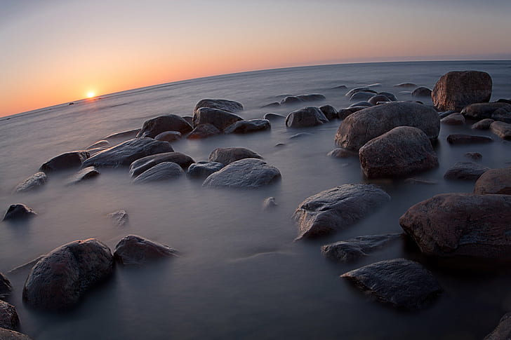 brown rock beside seashore during sunset, rocks, seascape, distort