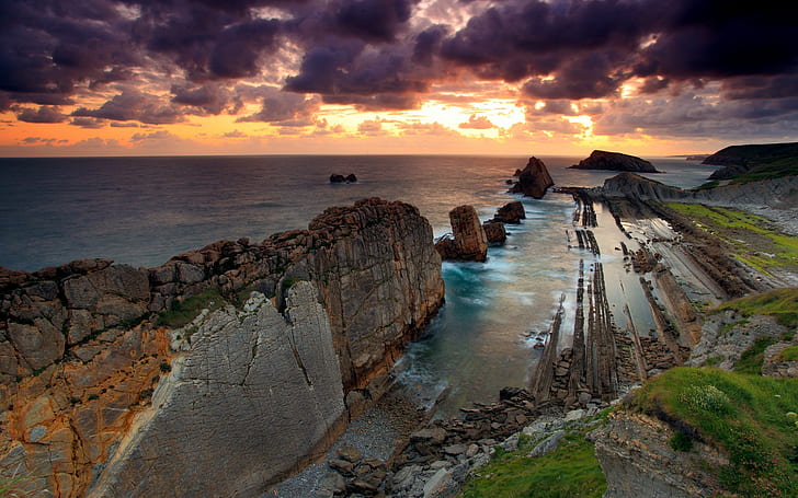 nature, landscape, sea, coast, cliff, sunset, rock formation, HD wallpaper