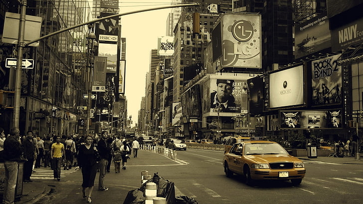 yellow sedan, new york, manhattan, street, cars, people, busy