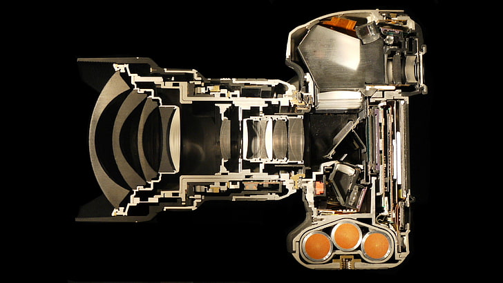 brown and black DSLR camera illustration, cutaway, studio shot