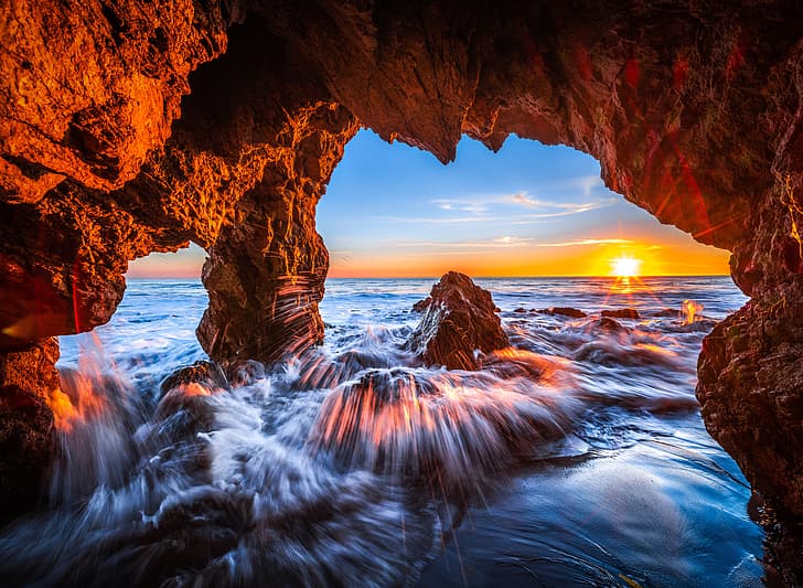 sunset, the ocean, rocks, CA, surf, Pacific Ocean, California