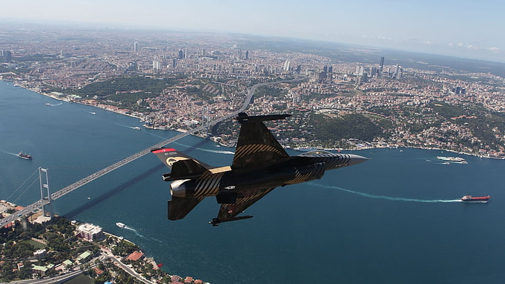 black airplane, Istanbul, Turkey, jet fighter, General Dynamics F-16 Fighting Falcon, HD wallpaper