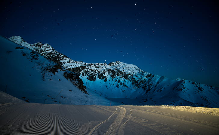 snow covered mountain near desert under starry night, Morning, HD wallpaper