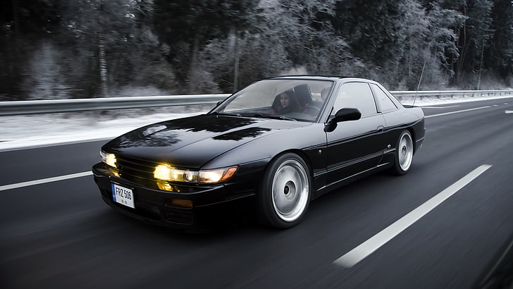 black coupe, Nissan, Silvia, S13, Japan, JDM, winter, photography