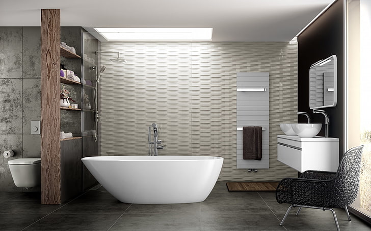 white bathtub, design, interior, chair, the project, modern, bathroom, HD wallpaper