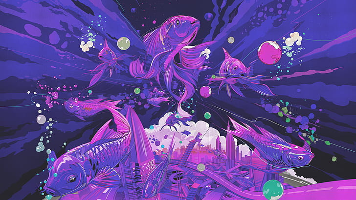underwater, purple, fish, HD wallpaper