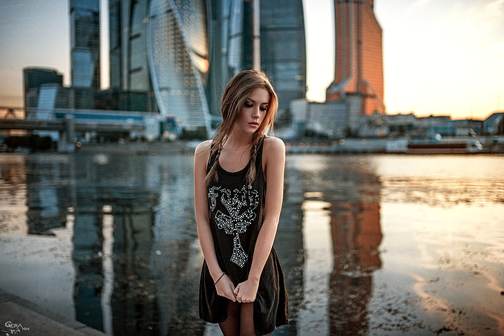 women's black tank top, model, blonde, dress, city, river, Ksenia Kokoreva