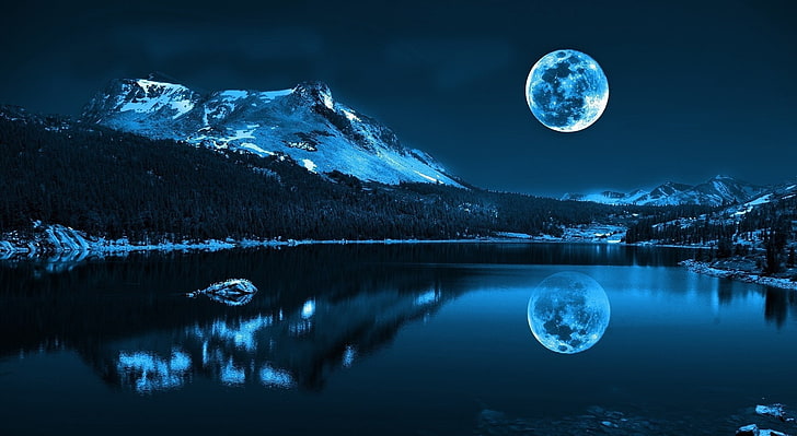 Moonlight Night, fullmoon and body of water, Aero, Creative, Blue, HD wallpaper