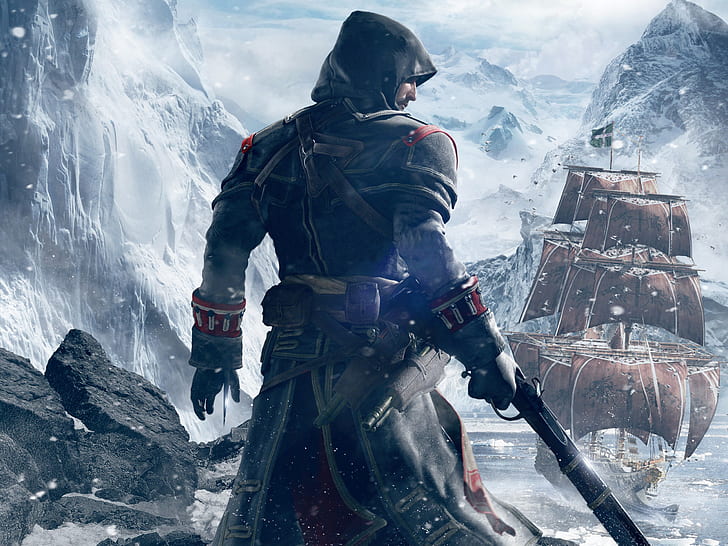 snow, mountains, weapons, back, ship, ice, hood, Templar, sails, HD wallpaper