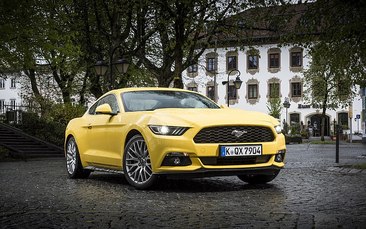 yellow Ford Mustang coupe, gt, eu-spec, side view, car, land Vehicle, HD wallpaper