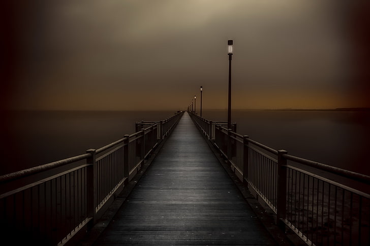 dark, lantern, pier, sky, sea, water, direction, the way forward, HD wallpaper