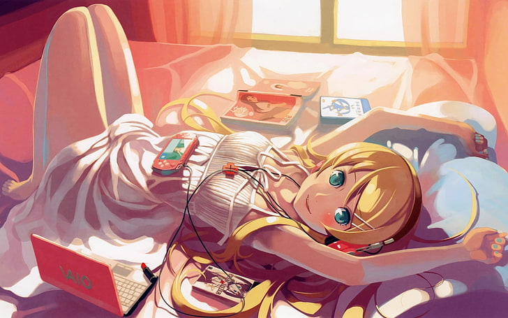 female anime character lying on bed wallpaper, women, anime girls, HD wallpaper