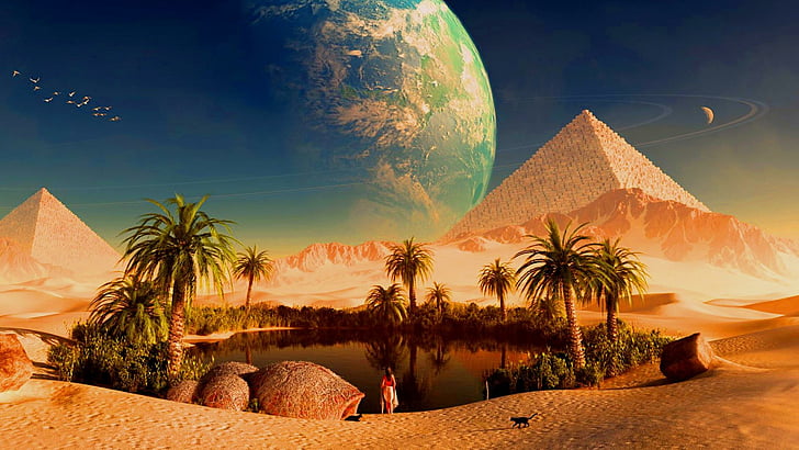paradise, oasis, planet, space, pyramid, fantasy