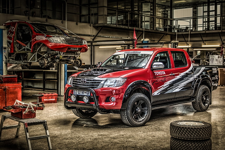 red and black Toyota crew cab pickup truck, Hilux, 2015, mode of transportation