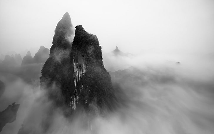 landscape, nature, mist, mountains, Guilin, China, monochrome