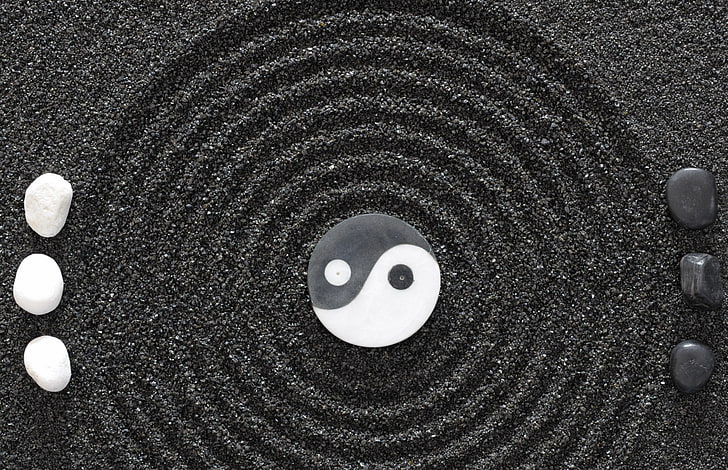black and white yin yang, yin-yang, stones, earth, symbol, harmony