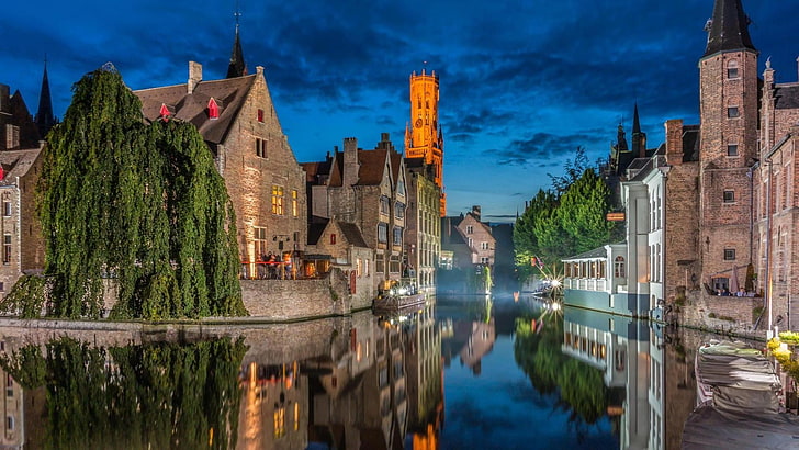 body of water near house painting, architecture, building, Bruges