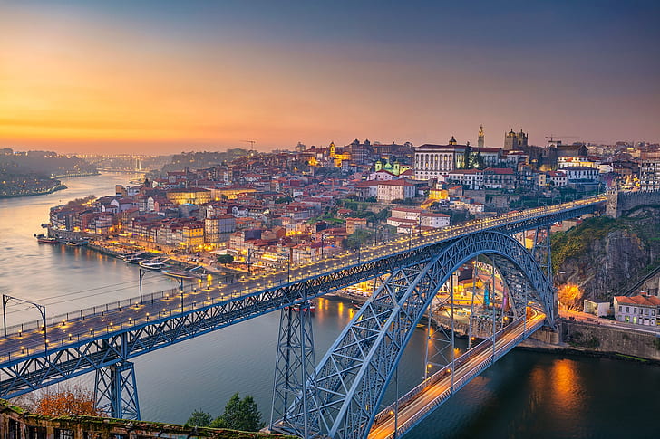 bridge, river, dawn, panorama, Portugal, Vila Nova de Gaia, HD wallpaper