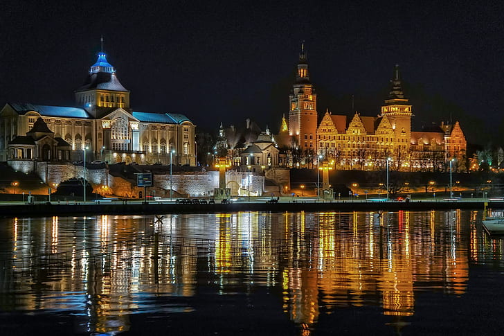 night, lights, Poland, Szczecin