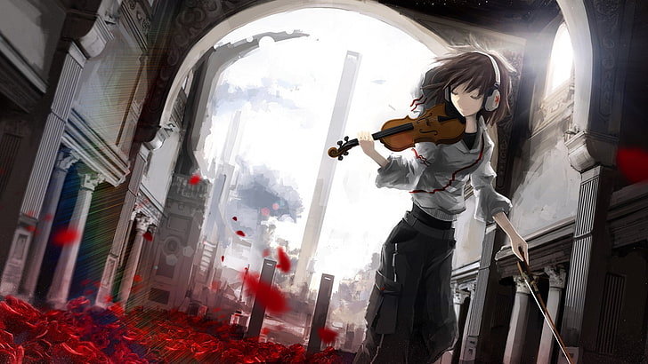 girl playing violin anime illustration, animated character holding violin wallpaper, HD wallpaper