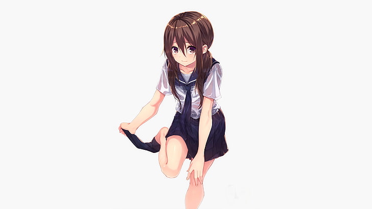 anime girls, long hair, dark hair, school uniform, wet clothing