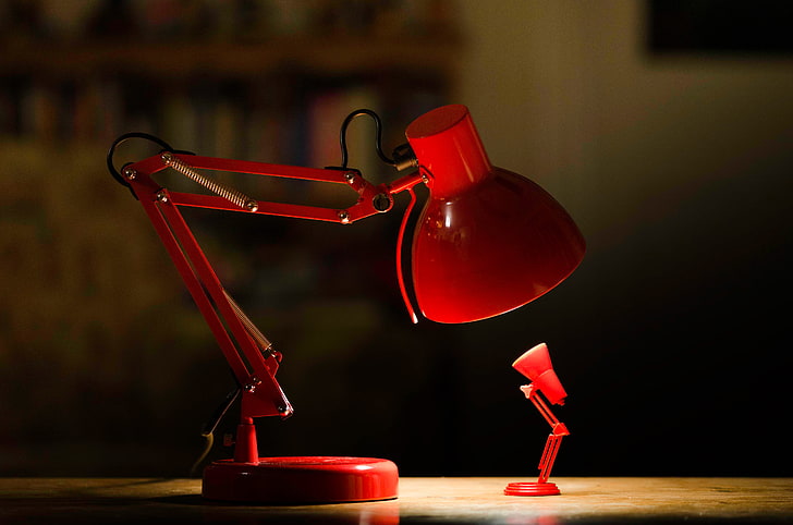 red desk lamp, lighting, large, small, table, no people, indoors