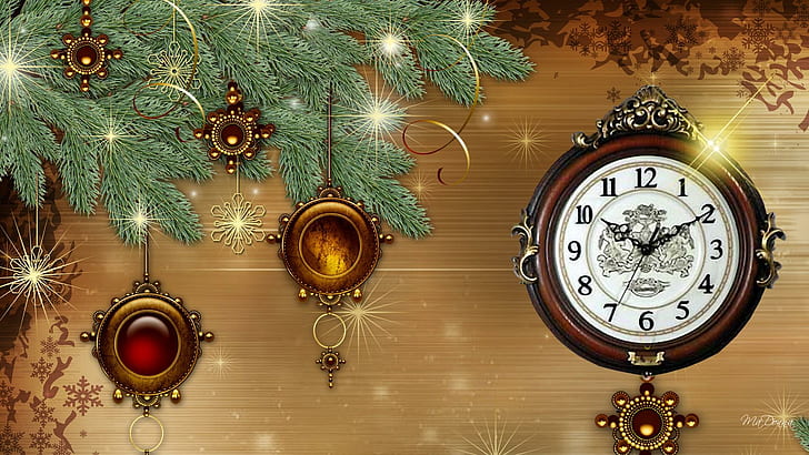 Time For Holiday Cheer, decorations, new year, clock, snowlfakes