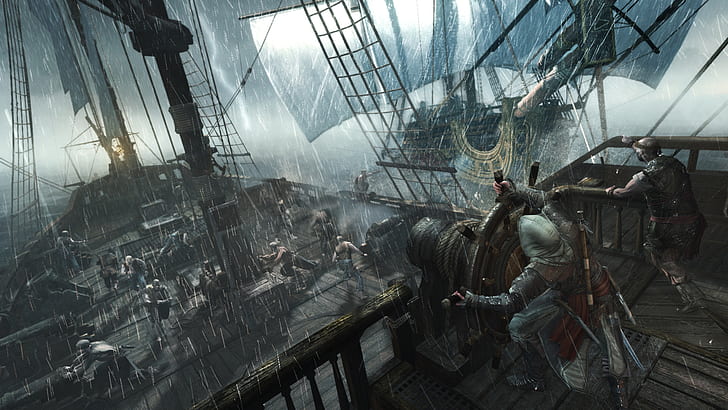 storm, rain, ship, pirates, killer, assassin, Edward Kenway, HD wallpaper