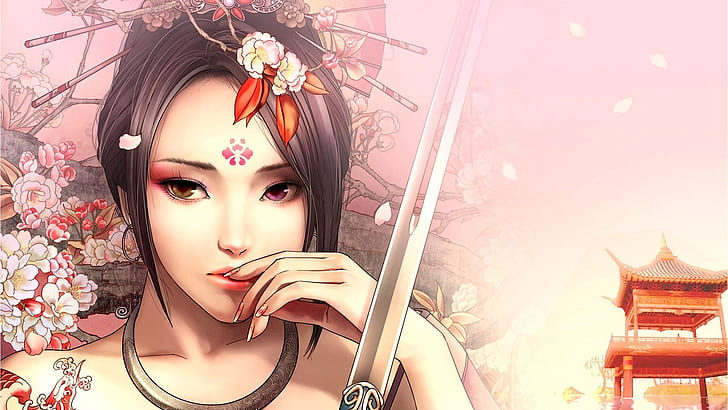 Fantasy asian girl, katana sword, flowers, HD wallpaper