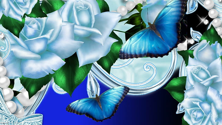 Blue Roses Butterflies, pink flower and blue butterfly illustration, HD wallpaper