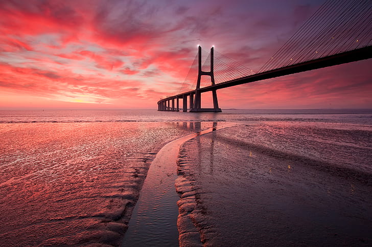 Sunset, Portugal, Tagus River, Vasco da Gama Bridge, HD wallpaper