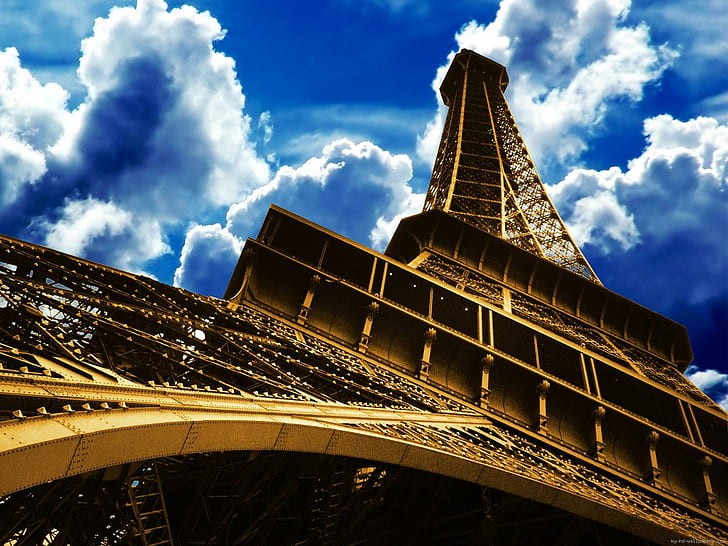 Eiffel tower under blue sky cloudy, eiffel tower paris france