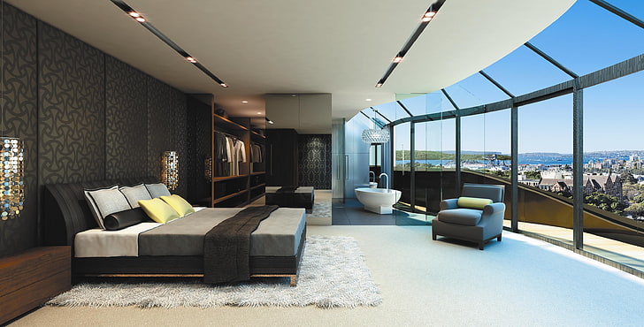 black bed frame, interior, style, design, metropolis, home, living space, HD wallpaper