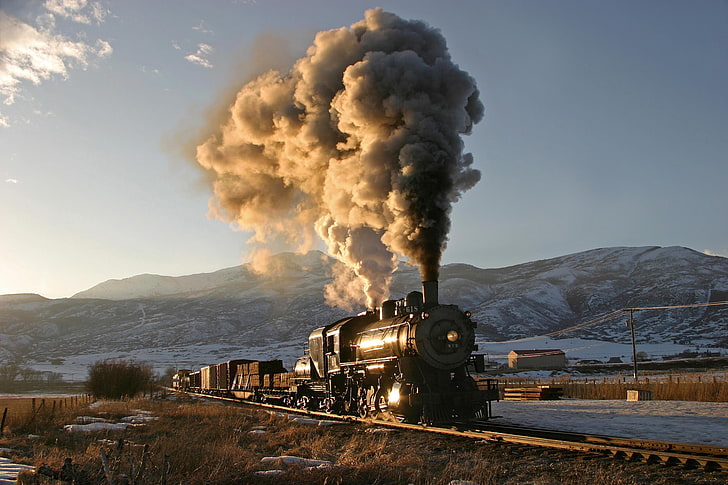 steam locomotive, vehicle, train, mountains, smoke - physical structure, HD wallpaper