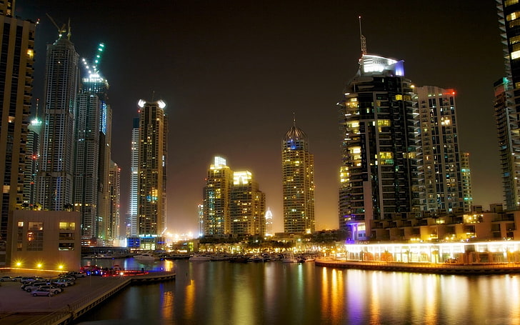 high rise buildings, dubai, sea, beach, skyscrapers, night, urban Skyline, HD wallpaper