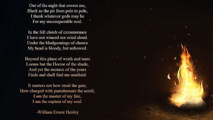 William Ernest Henley quote, Invictus, poetry, fire, text, writing, HD wallpaper