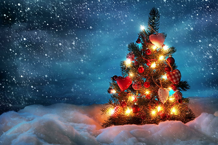 tree, new year, christmas, snow, holiday, night, garland, HD wallpaper