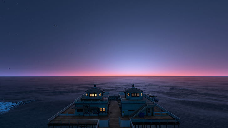 grand theft auto v water sky stars pier sunset naturalvision clear sky video games sea gta5, HD wallpaper