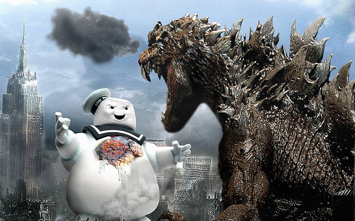 Godzilla vs Pillsbury wallpaper, Stay Puft Marshmallow Man, New York City, HD wallpaper