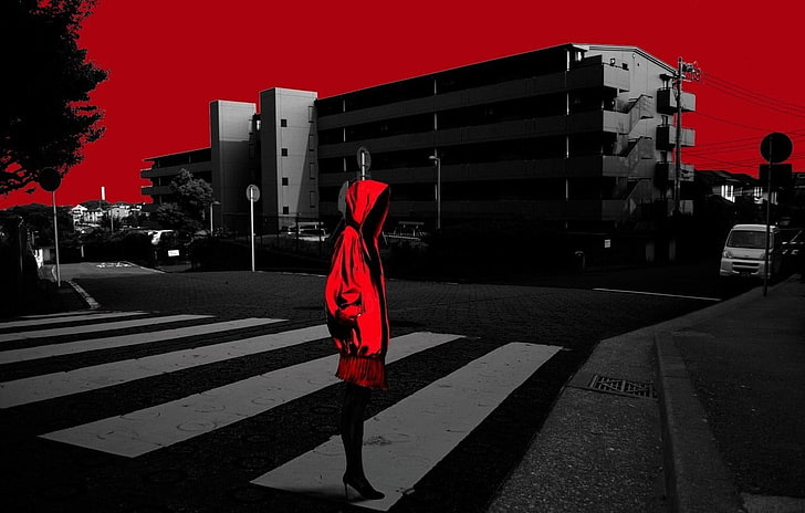 person wearing red hooded jacket digital wallpaper, street art