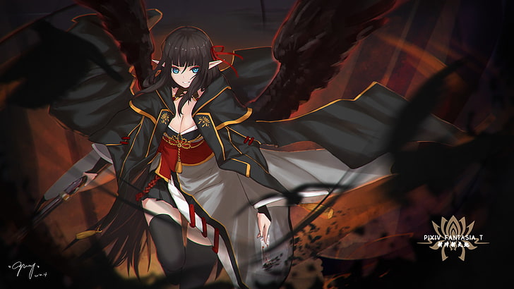 Hd Wallpaper Demon Girl Wings Dark Theme Elf Ears Anime Arts