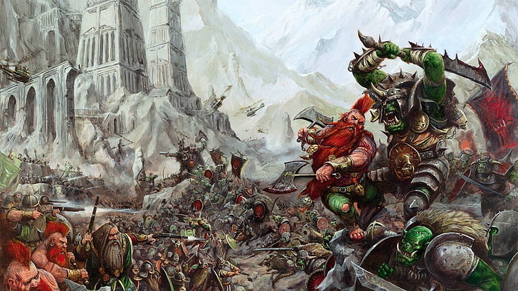 Warhammer dwarfs illustration, orcs, battle, religion, spirituality